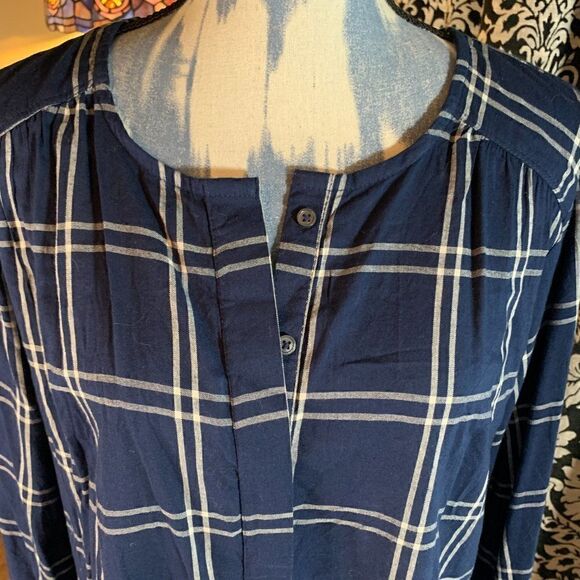 Nine West Jeans navy plaid 3/4 button down top XL - Picture 2 of 7